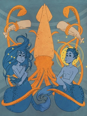 A picture of a mermaid and merman, with a giant squid in the center gripping two whales in the background.