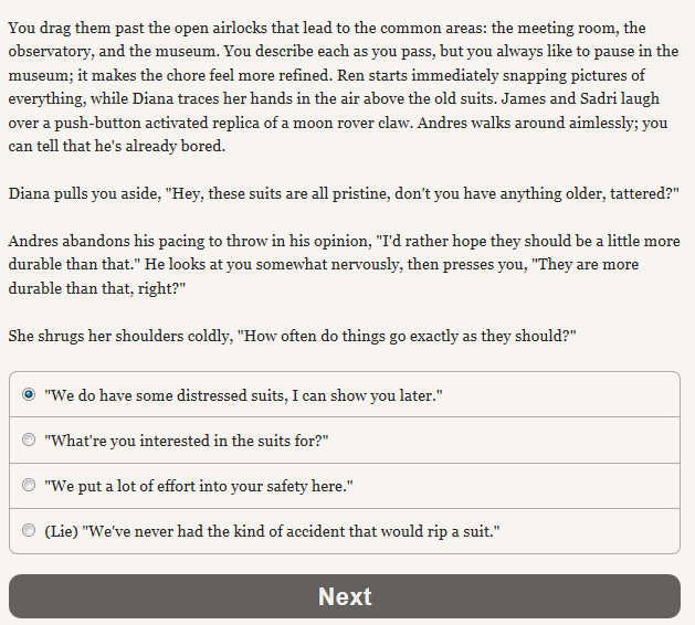 A screenshot of a choice from the game: talking about distressed suits.