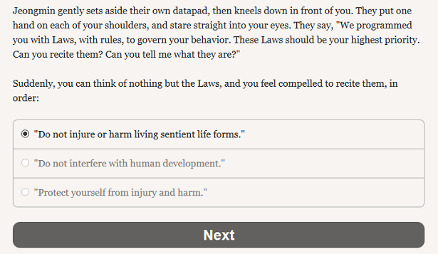 The introduction of the Laws that govern the Android: do not harm others, do not interfere, and don't let yourself come to harm.