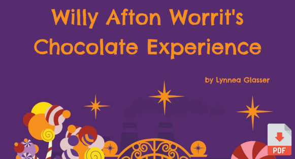 Title image for Willy Afton Worrits Chocolate Experience Feng Shui 2 adventure by Lynnea Glasser. Purple sky over a candy-themed factory. Olivia Sylvia/Shutterstock.com
