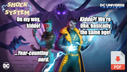 Static and Rocket stand back-to-back, with the shadow of Ebon behind them. Rocket says,'On my way, kiddo!' Static says, 'Kiddo? We're like, basically the same age!' Rocket replies,'Year-counting nerd.'